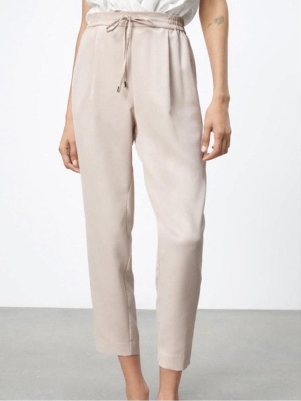 Zara Women's Drawstring Tapered Pants - Beige joggers comfortable
